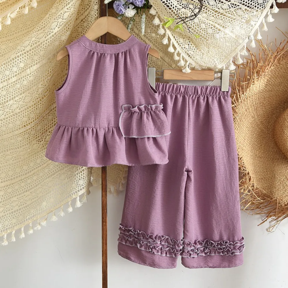 Bear Leader Fashion New Purple Elegant Girls' Set Korean Version Children's Clothing 2026 Sleeveless Patchwork Top+Casual Pants