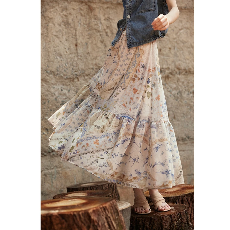 

Arts Style 2025 New Arrival Women Casual Flowers Print A-line Cake Skirt Loose Good Quality High Waist Ankle-length Skirts T277
