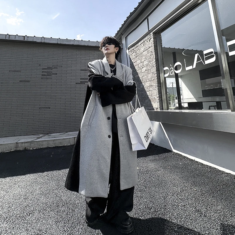 

Осенне-зимнее утепленное шерстяное мужское пальто с подплечниками, в стиле колор-блок, средней длины до колена, модное, свободного кроя, верхняя одежда