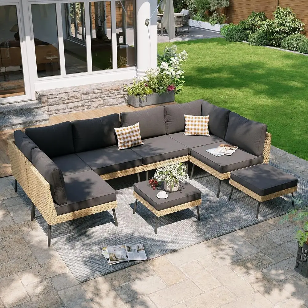 

8-Piece Outdoor Wicker Furniture Set with Waterproof Cushions for Patio, Sectional Sofa with Coffee Table, Black