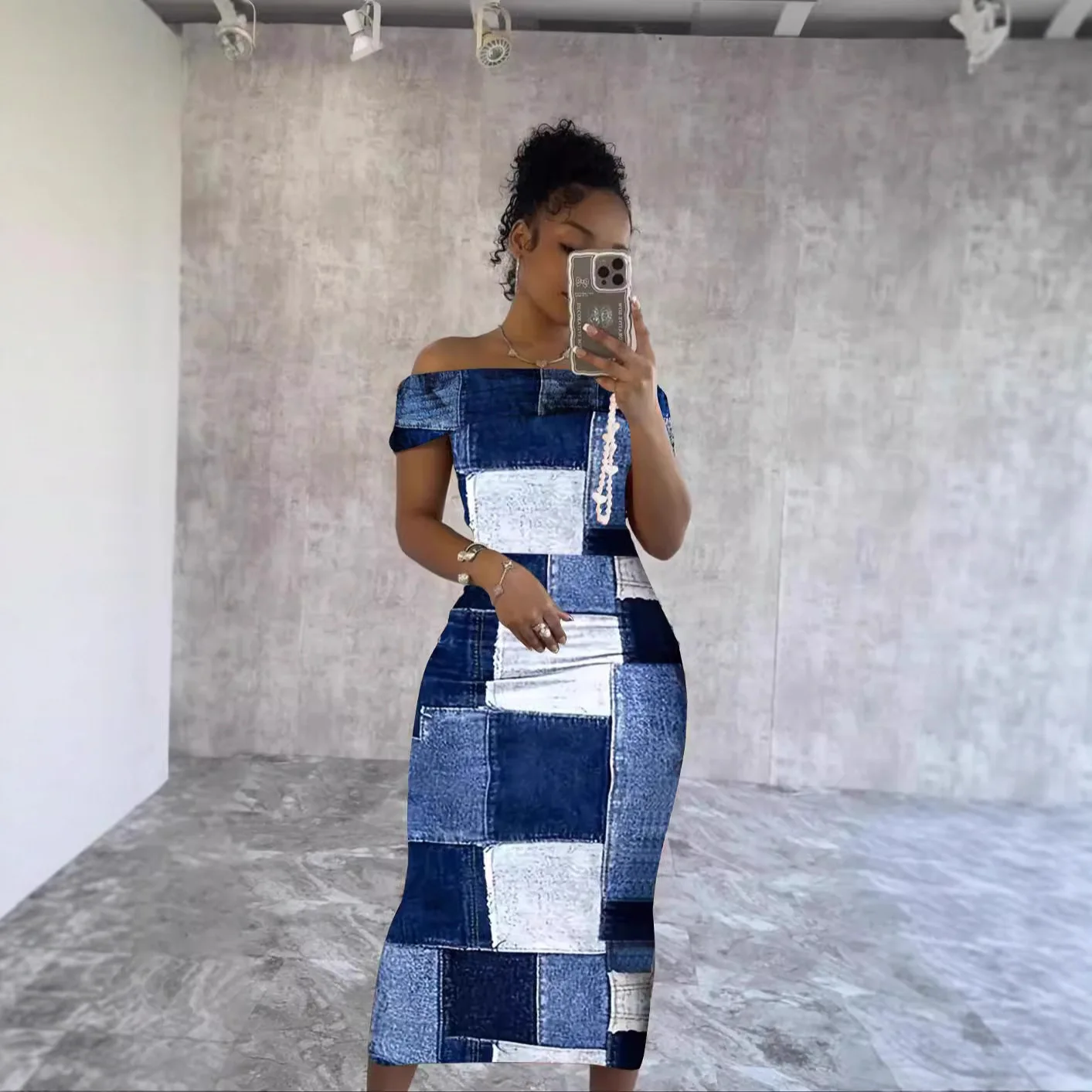 เดรสทรงสอบพิมพ์ลาย Y6024 แบบเปิดไหล่ คอตรง ทรงเข้ารูป สำหรับฤดูใบไม้ผลิและฤดูร้อน เสื้อผ้าผู้หญิง