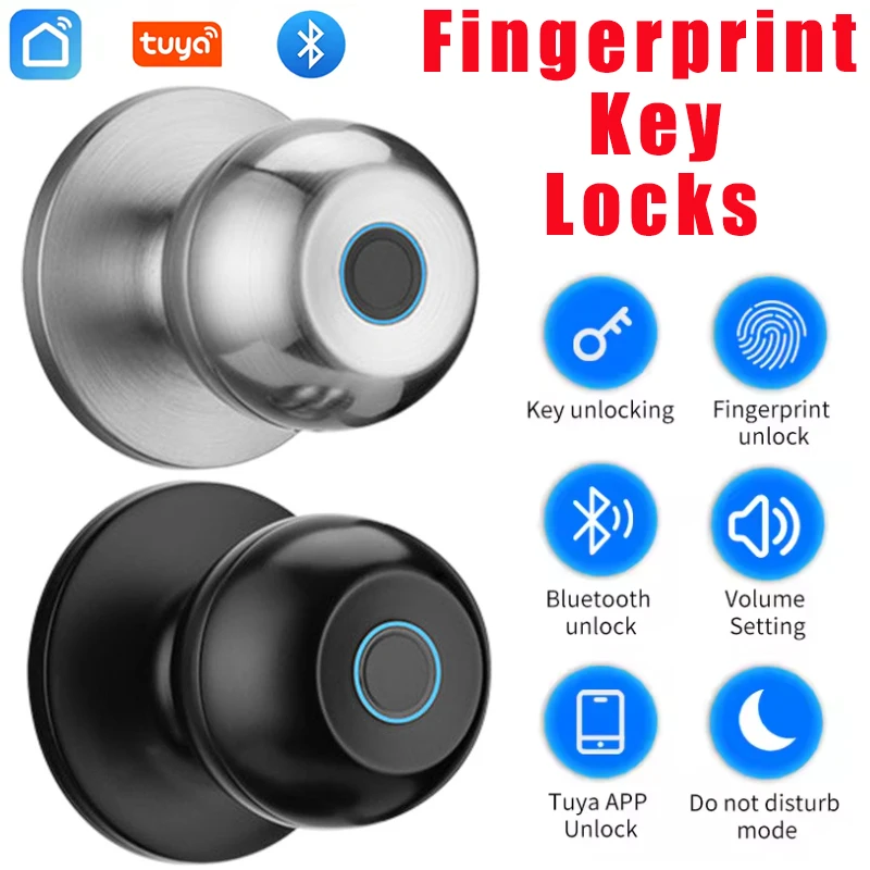Tuya App Fingerprint Smart Door Knob Lock Key Electronic Locks Keyless Security Door Entry Home House Apartment Office Lock
