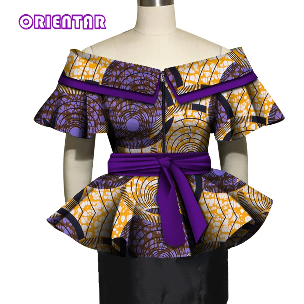 Moda africana topos para mulheres blusa de impressão africana slash neck camisa de algodão com cinto senhora roupas africanas wy5021