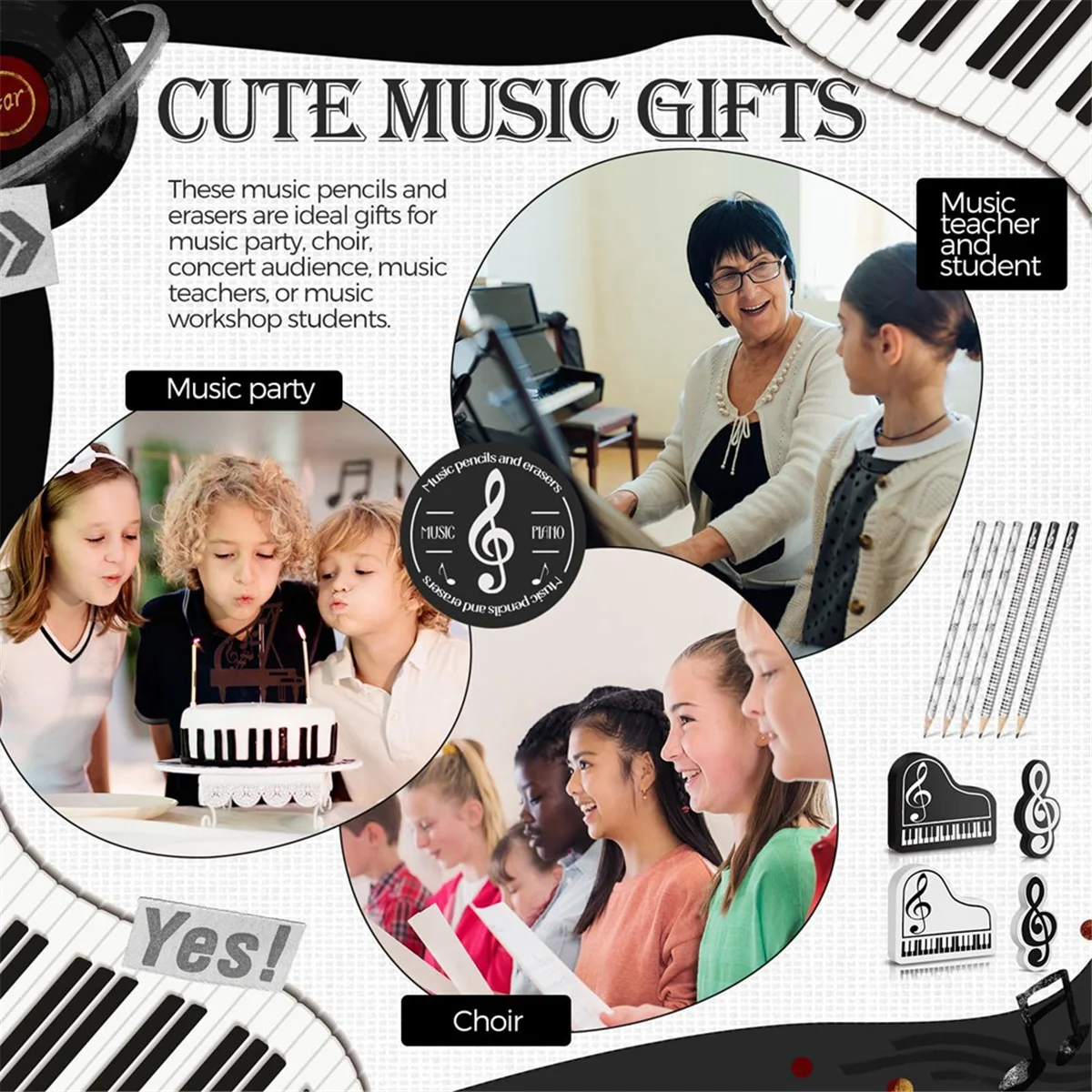Gfc-Music Pencils Music Note Pencil with Music Themed Erasers Wood Pencils Bulk Keyboard Fun Pencils Erasers Gift (48 Pcs)