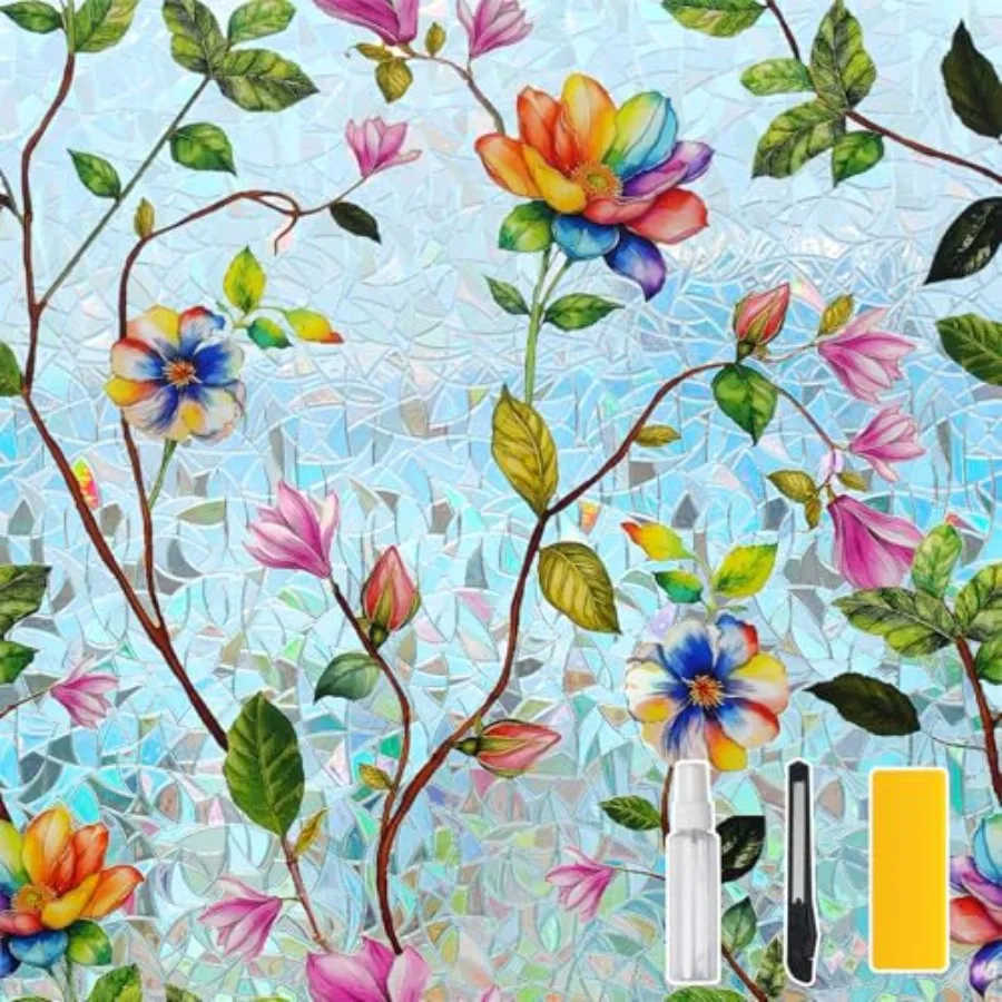 

Пленка для окон в стиле коттеджкор с эффектом витража, пленка для конфиденциальности, радужный эффект, защита от посторонних глаз, защита от УФ-излучения, контроль нагрева