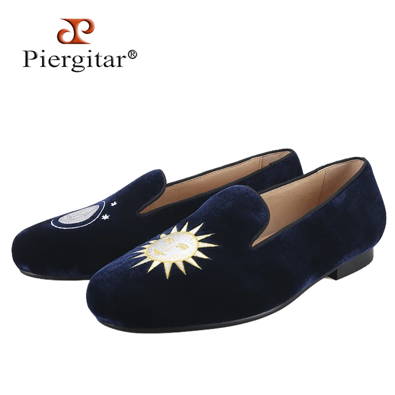 Piergitar Handmade Men's Smoking Slippers With Classic Sun And Moon Embroidery For Fashion Party Slip-On Loafers Leather Insole