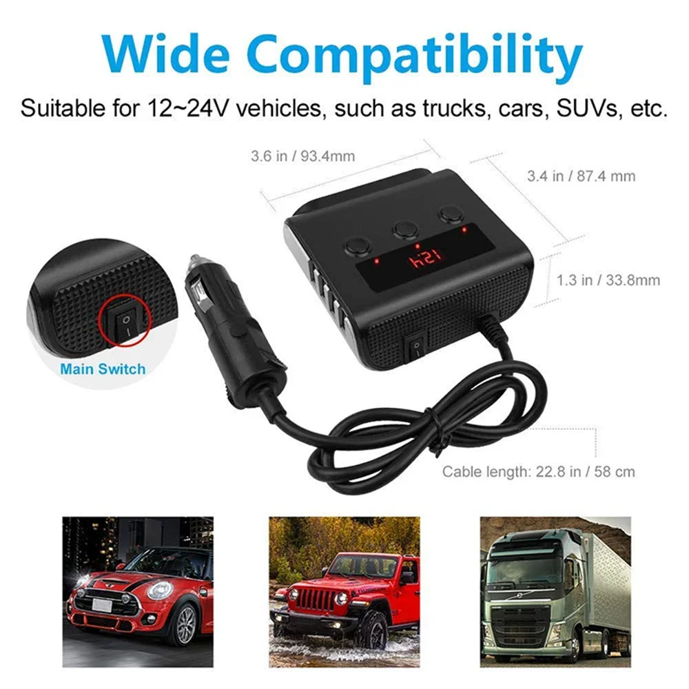 8.5A 4 USB Ports Car Charger Quick Charge 3.0 Cigarette Lighter Adapter 120W 12V/24V 3-Socket Power Splitter Dc Outlet