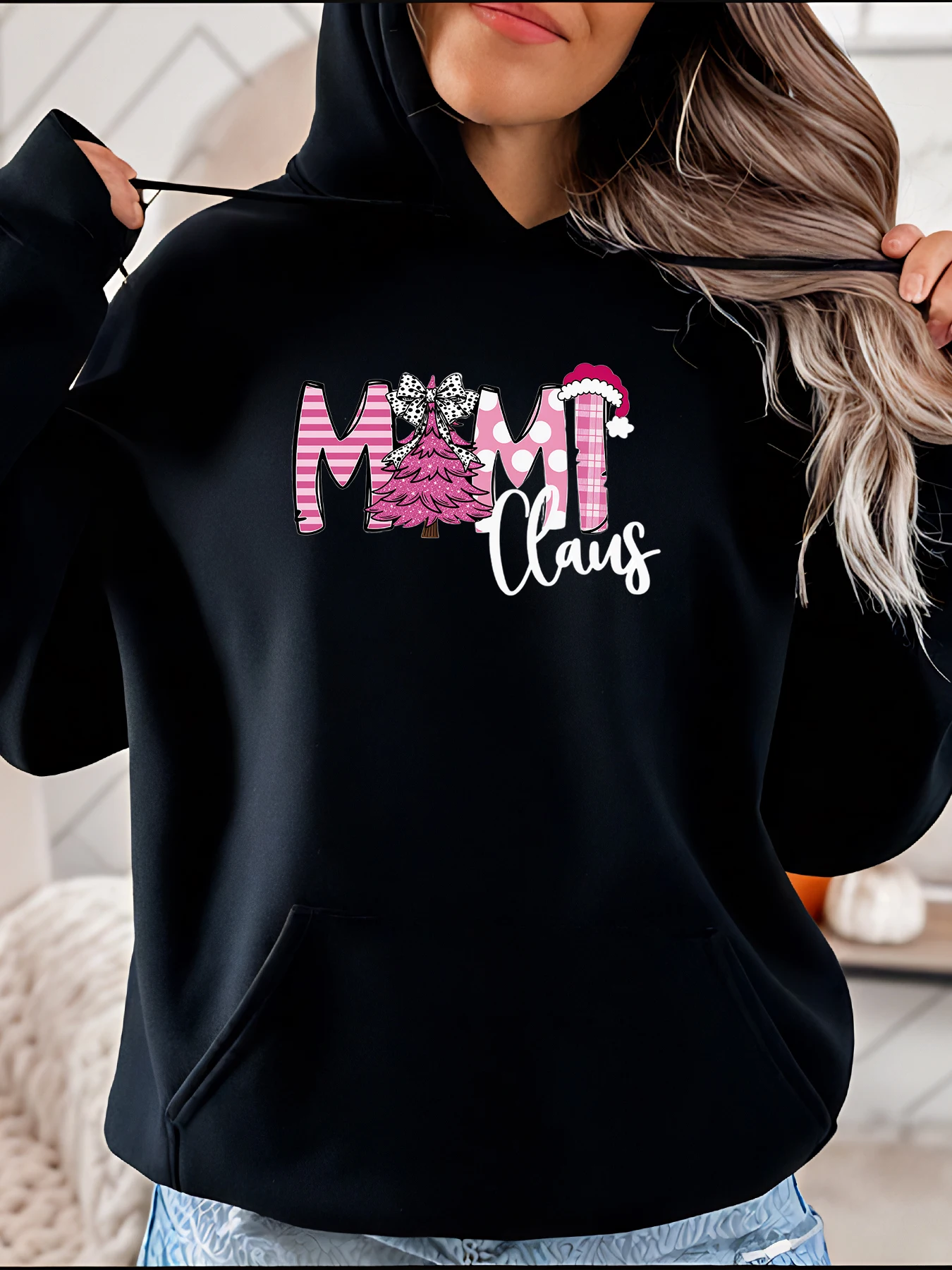 

Рождественская толстовка с капюшоном для мамы и мороза, розовая елка, шляпа Санта-Клауса с принтом, женская повседневная праздничная толстовка 280