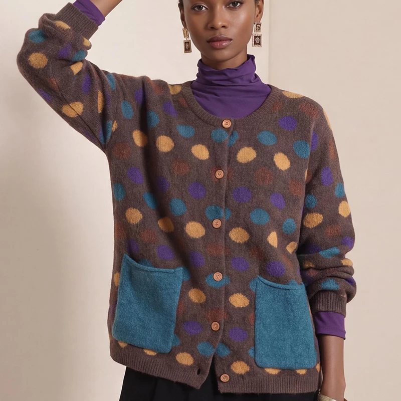 Retro Loose Knitted Sweater Coat Women Vintage Polka Dot Knit Cardigan O Neck Long Sleeve Button Color Contrast Patch Pocket Top