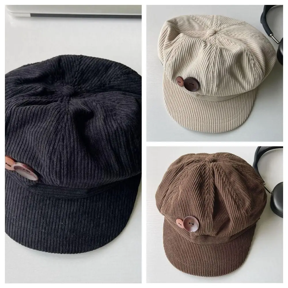 Simple Y2k Double Button Berets Hat Japanese JK Corduroy Baseball Cap Keep Warm Harajuku Octagonal Hat Female