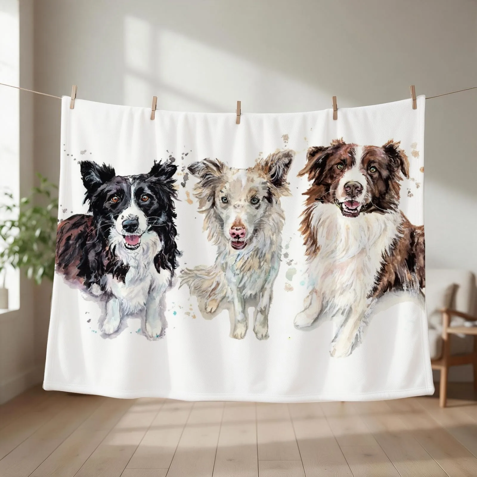 Watercolour Border Collies Throw Blanket couch cozy soft plush fuzzy picnic outdoor blanket