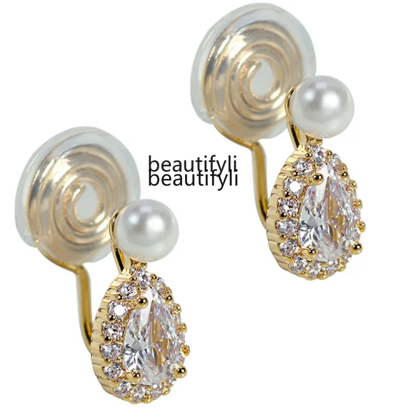 zq Pearl Flash Zirconium Morning Dew Earrings without Earholes High-grade Micro-inlaid Silver Needle Earrings