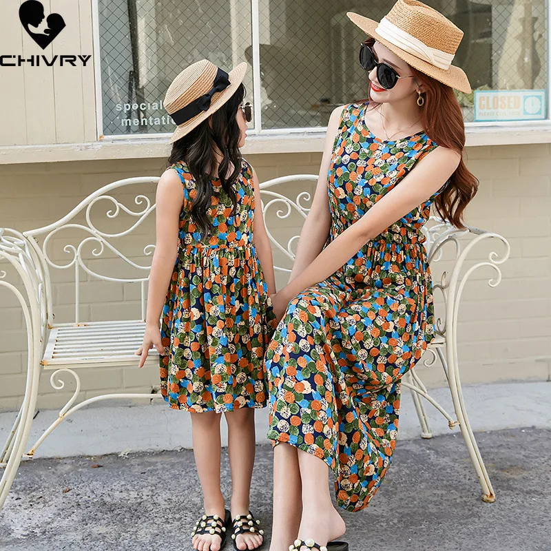 New Mother Daughter Summer Dresses Sleeveless Floral Flower Print Sundress Mom Mommy and Me Beach Dress Family Matching Outfits