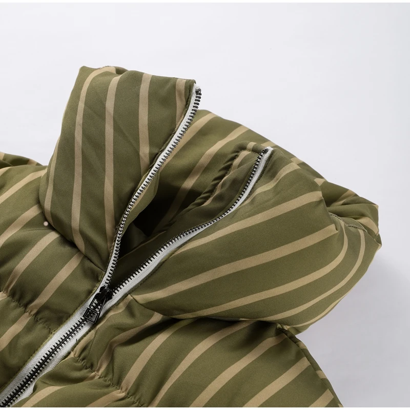 2026 Winter Autumn Stripe Cotton Padded Jacket For Women Warm Long Sleeve Zipper Hooded Coats Lady Street Chic Outdoor Outerwear