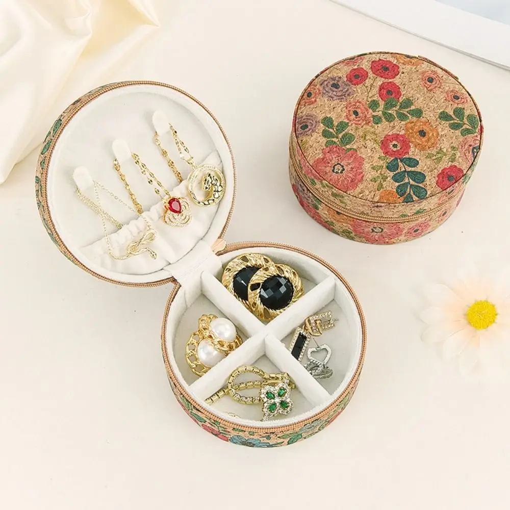 

Lovely Vintage Jewelry Storage Box Zipper Round Necklace Ring Case Bohemia Portable Earring Organizer Outdoor