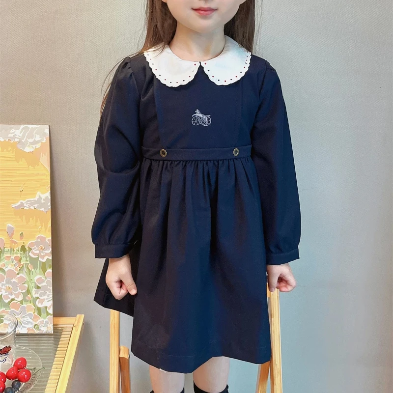 2026 Children Vintage Preppy Cotton Embroidery Kids Girls Navy Long Sleeve Dress Daily Basic Simple Casual Outfit Spring Autumn