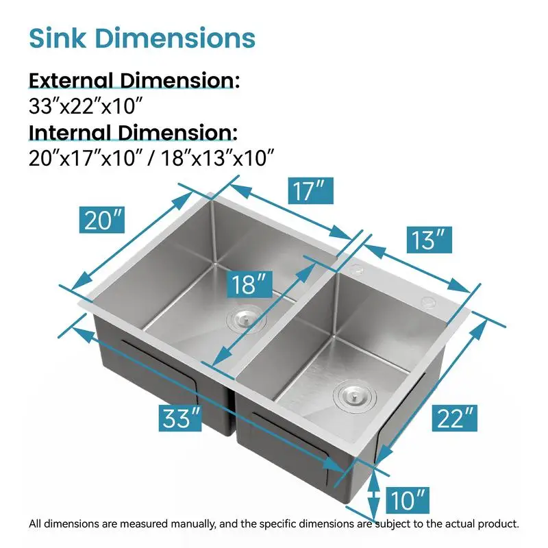 33"x19" Embedded Double Bowl Kitchen Sink, Overmount Handmade Sink in Brushed Finish, Stainless Steel Sink, Durable Kitchen