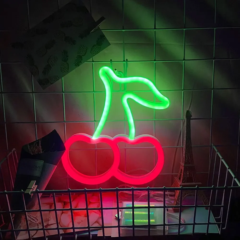 Cherry Neon Lamp LED Neon Signs Lamp USB and Battery Powered Neon Light Strip IP65 Wall Hanging Night Light Art Neon Signs Light