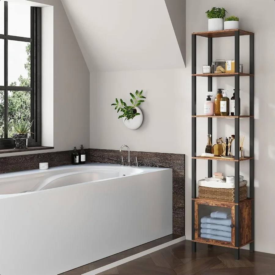 خزانة كتب مكونة من 6 طبقات ورف كتب ضيق مع باب للمساحة الصغيرة لغرفة المعيشة والمكتب والدراسة ومدخل البني BS03BB006 #6