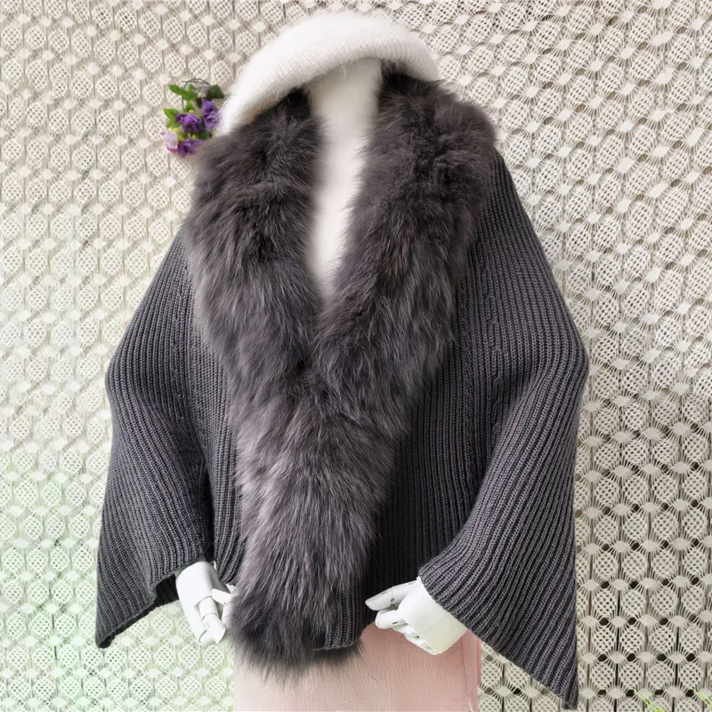 Cárdigan suelto de mujer para otoño/invierno con cuello de piel de zorro, mangas murciélago y estilo corto, tipo capa/sudadera.