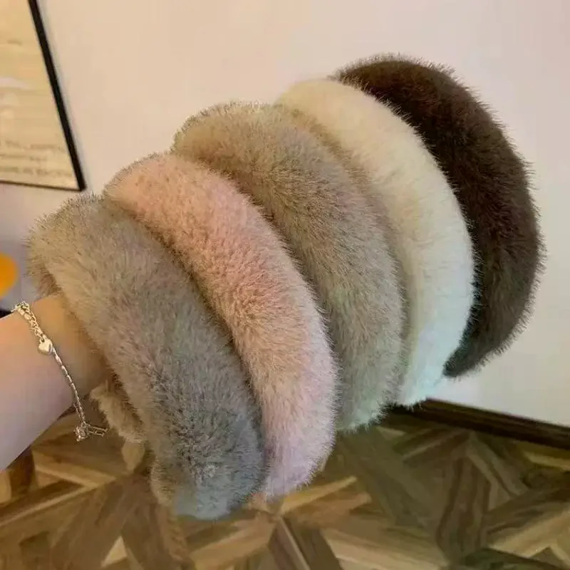 Solid Color Widen Thicken Hair Bands Women Girls Sweet Versatile Soft Fluffy Furry Hair Hoops Winter Hair Accessories Gifts