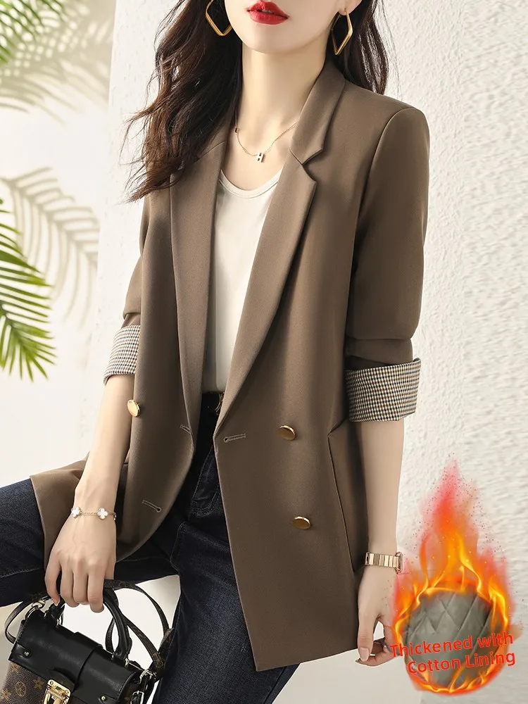 

Caramel Cotton Jacketed Women's Autumn Winter Loose Casual High-End Suiting Top Double Breasted Long Sleeve Formal Wear
