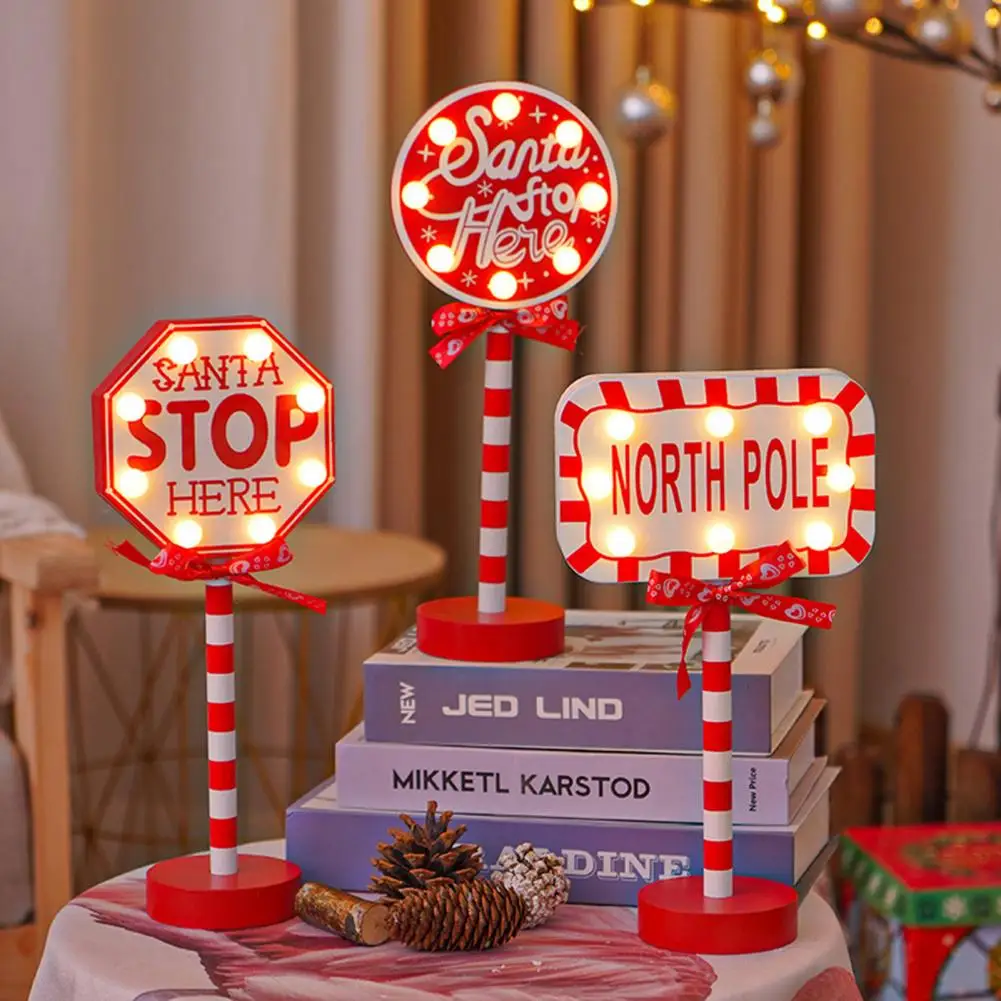 Świąteczny znak uliczny z kokardką Santa Stop Here North Pole Letter Xmas Decor Vintage Desktop Guideboard LED Lamp