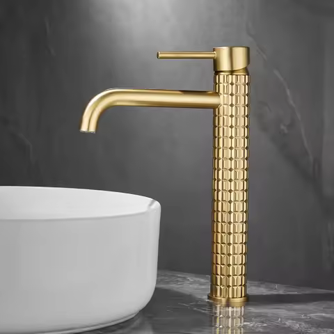 Brush Gold Bathroom Basin Faucets Art Carved Sink Mixer Tap Hot &amp; Cold Deck Mounted Grey Lavatory Crane Water Tap