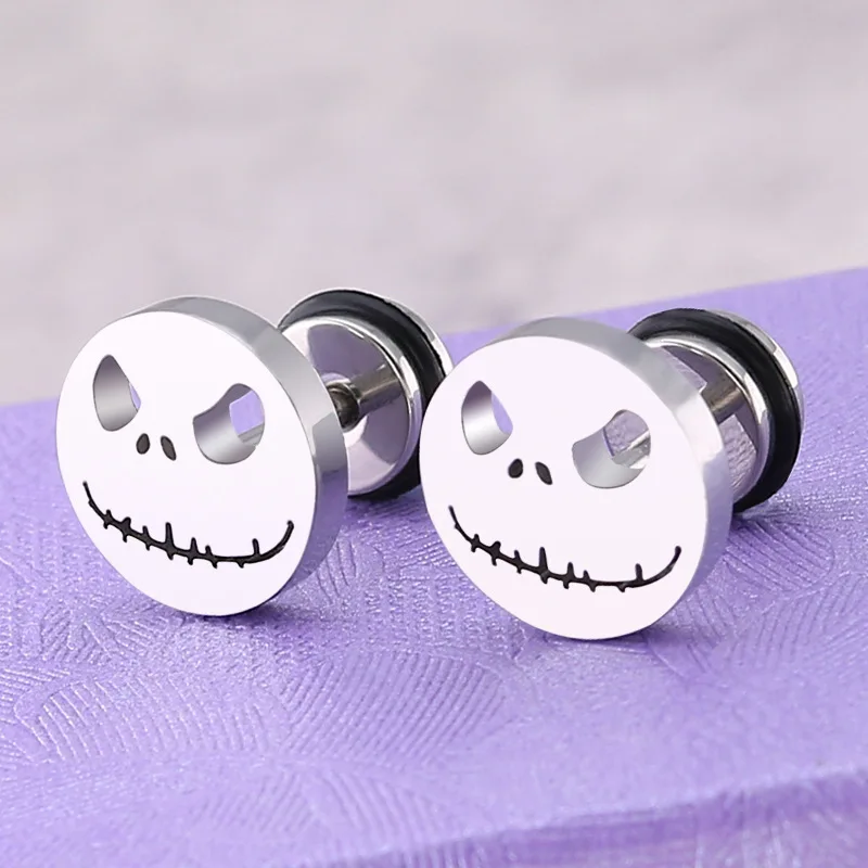 Fashion Titanium Round Cake Stud Earrings For Men Women Halloween Pumpkin Head Earings Stainless Steel Jewelry Evil Eye