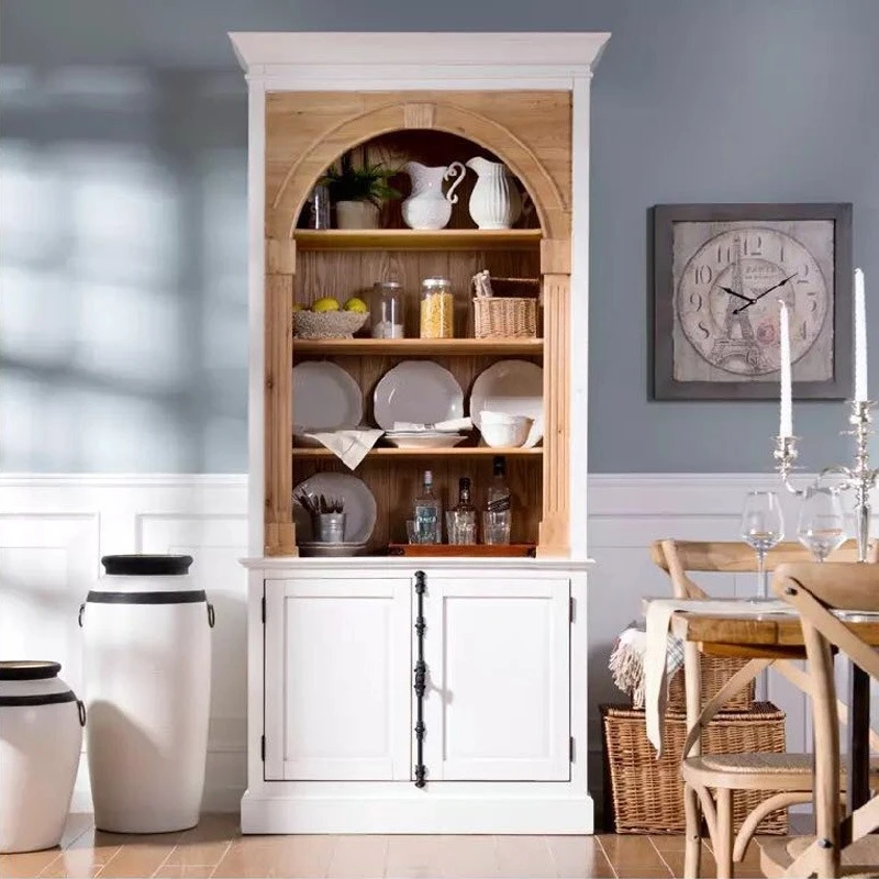 American rural solid wood bookcase French retro old dining side cabinet neoclassical display cabinet