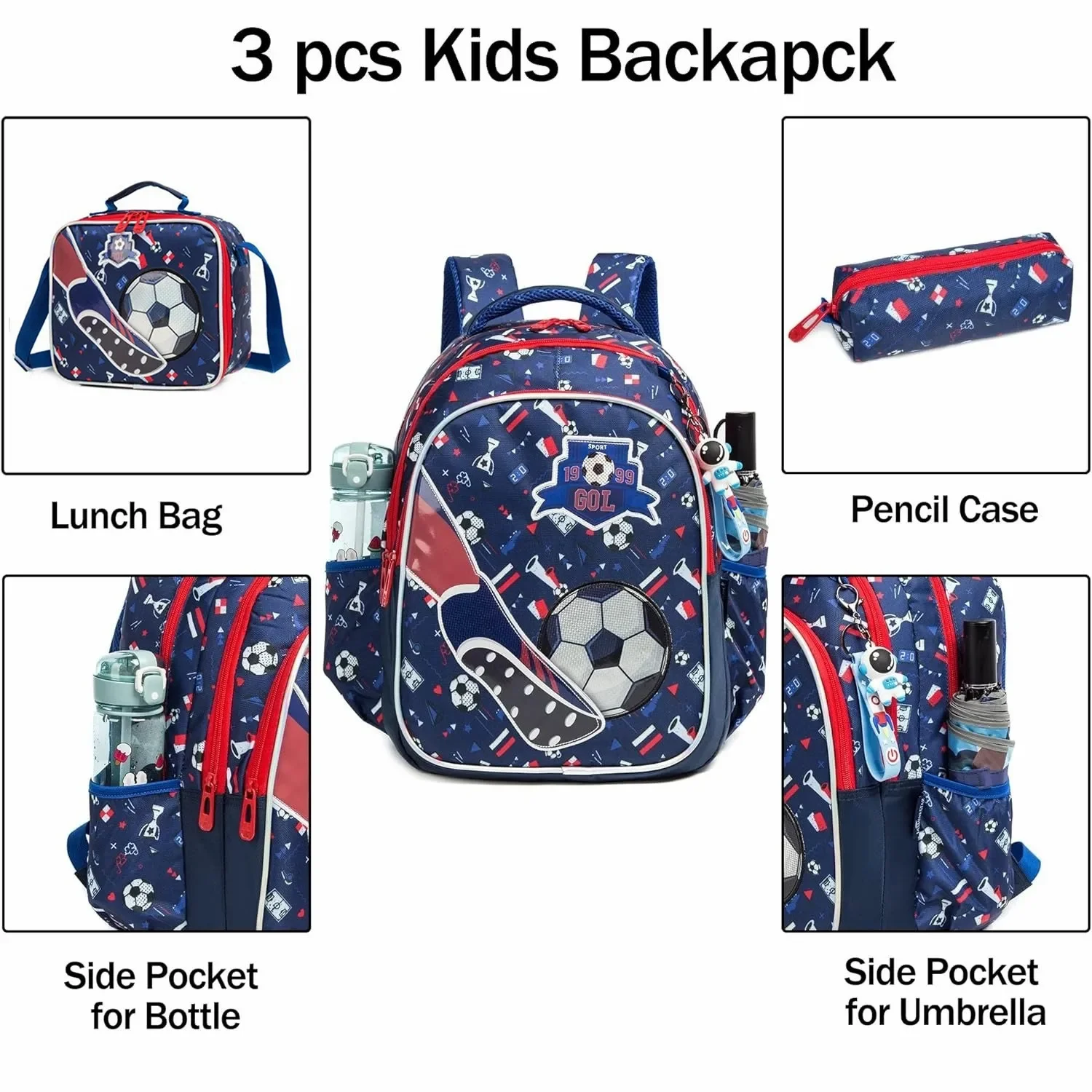 Bookbag escolar padrão de futebol para menino, mochila infantil, saco impermeável, lancheira, caixa de lápis infantil