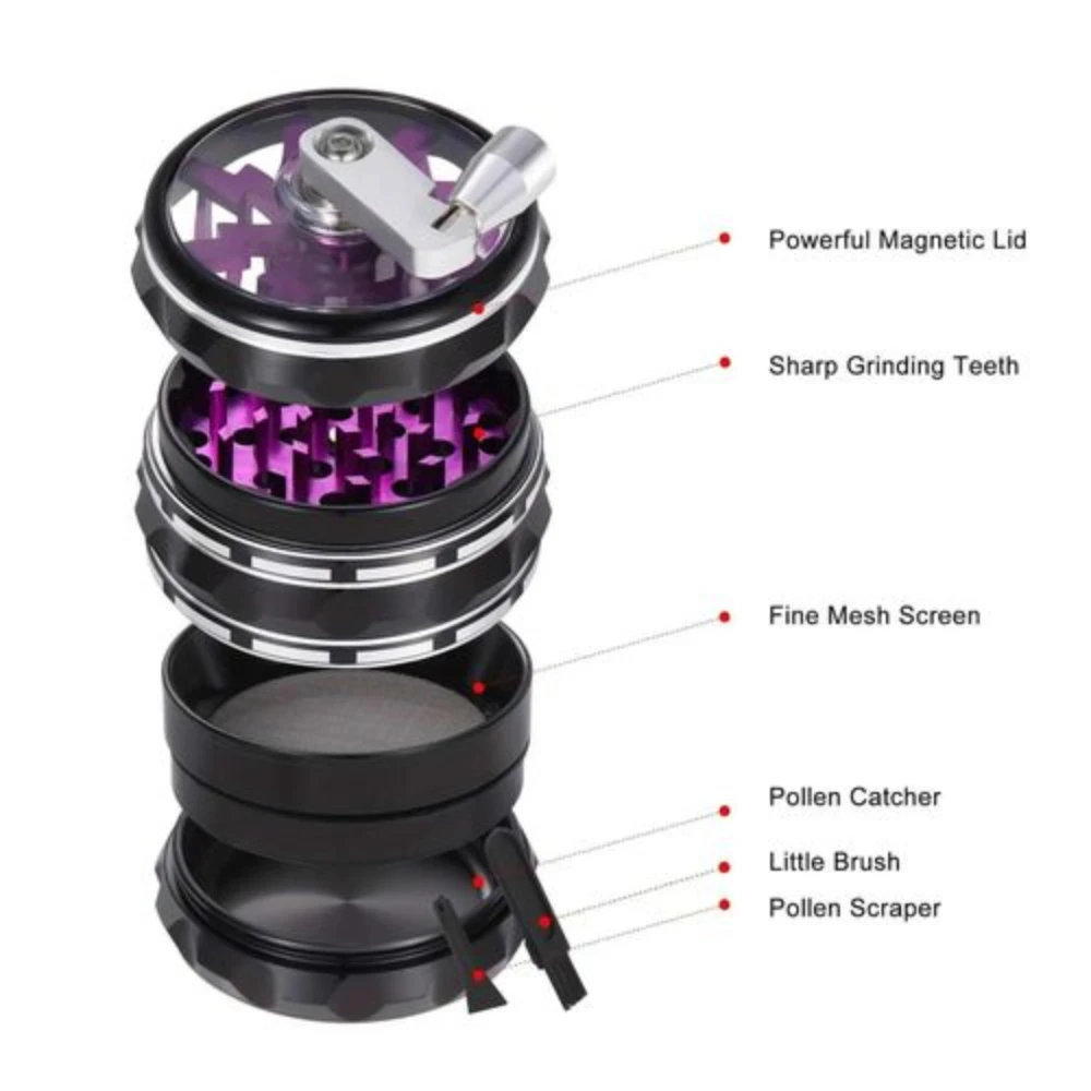 2.5 Inch 4 Pack Hand Shake the Transparent Top Herb Grinder - Aluminum Spice Grinder with Pollen Scraper and Cleaning Brush