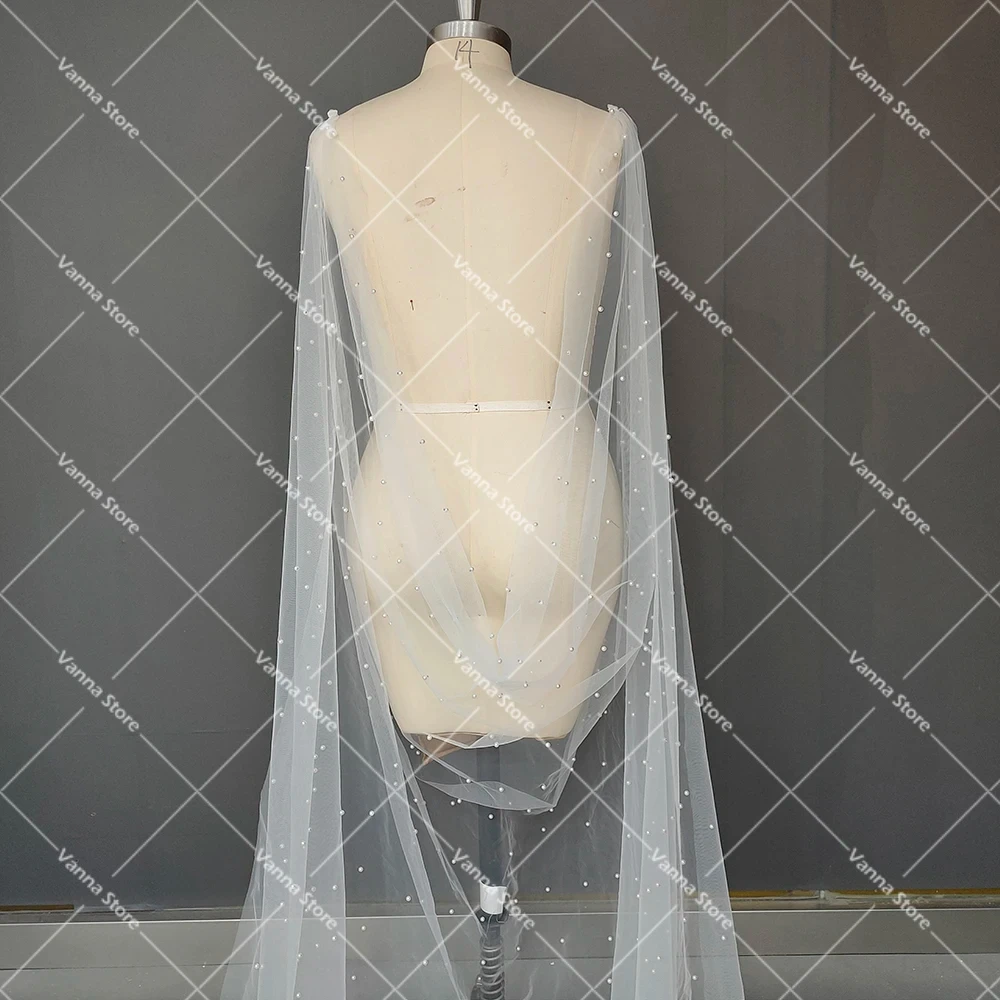 Romant-capa de tul suave con perlas para boda, chaqueta de hombro nupcial, hecha a medida, talla grande, malla, cepillo, tren, Poncho bohemio moderno