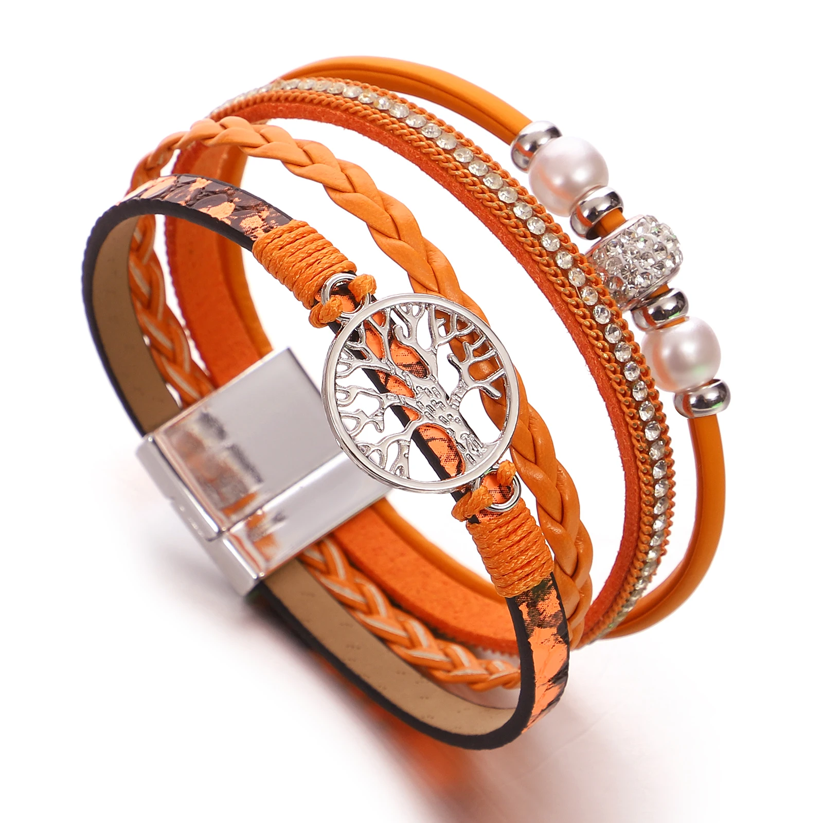 Amorcome Retro Tree of Life Orange Leather Bracelet Women Fashion Rhinestone Imitation Pearl Multi Layer Wove Bracelet Gifts