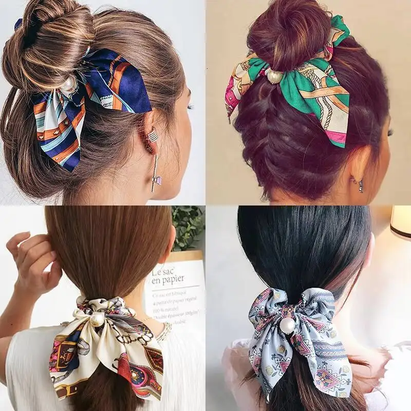 Mode mousseline de soie bandeau cheveux chouchou nouvelle chaîne impression Long ruban arc élastique queue de cheval corde cheveux ornement cheveux accessoires