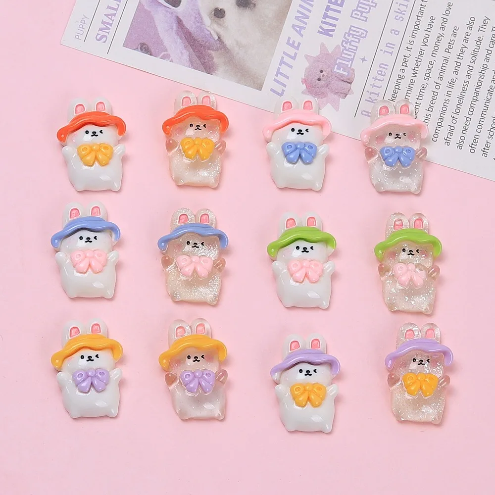 10Pcs Kawii resin Hat Rabbit Bow Series Miniature Flat Back Cabochons For Hairpin Scrapbooking DIY Home Decor Craft Accessories