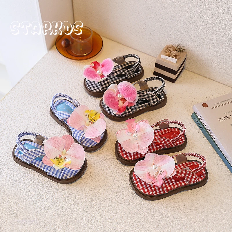 

Sweet White Red Plaid Sandals Kid Girls Fairy Lily Flower Sandalias Baby Child Brand Design Summer Floral Strap Flat Shoes