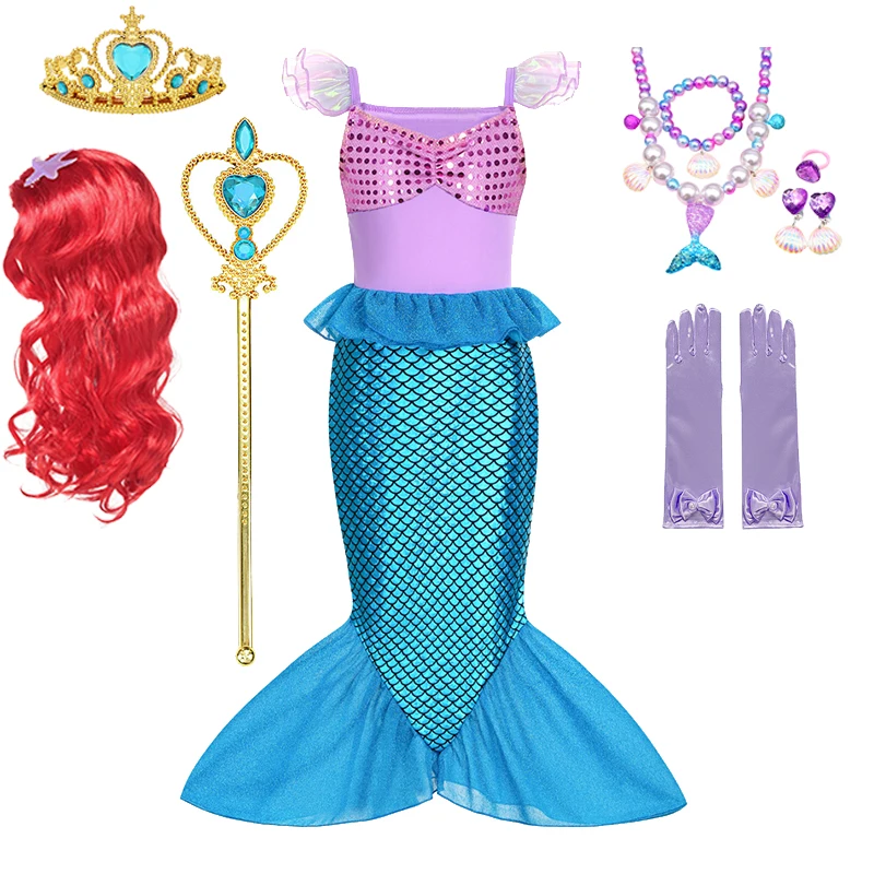 Disney Girls Little Mermaid Princess Dress Children Mermaid Ariel Cosplay Costume Halloween Carnival Birthday Party Clothings