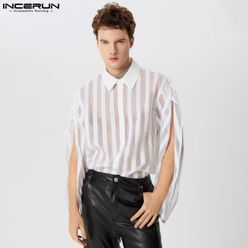 INCERUN Men Shirt Striped Patchwork Lapel Split Long Sleeve Casual Men Clothing Transparent Loose Streetwear 2024 Fashion Camisa