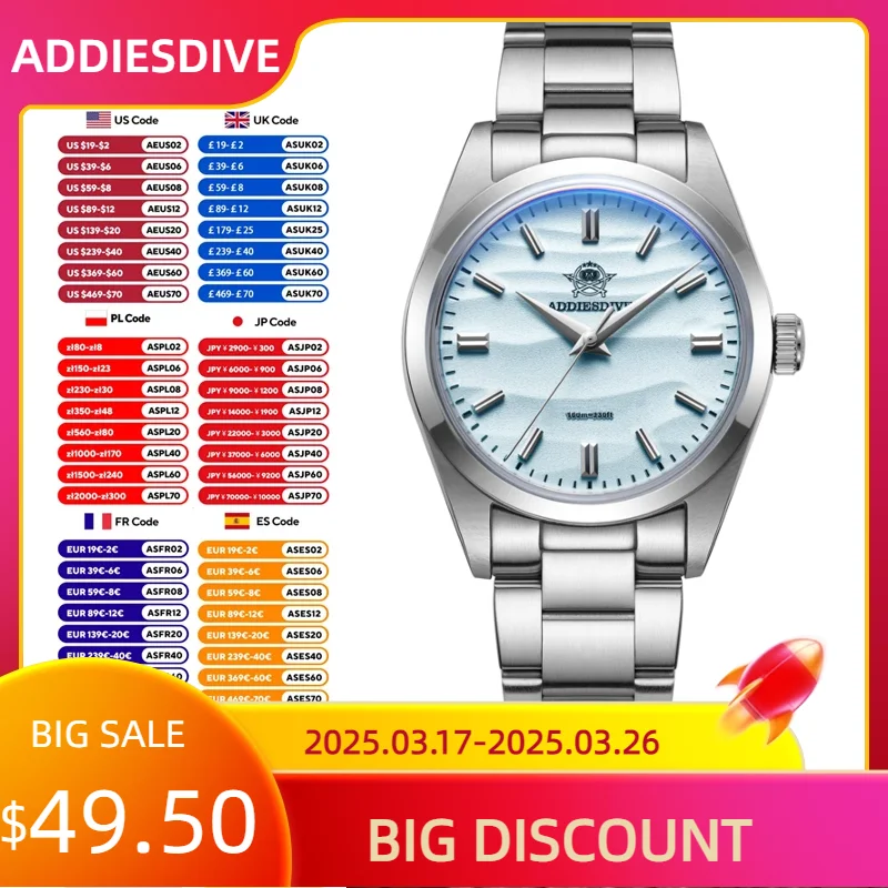 ADDIESDIVE Hot Sale AD2030 Quartz Watch Simple 100M Diving Waterproof WristWatch 36mm Stainless Steel Watches Relogio Masculino