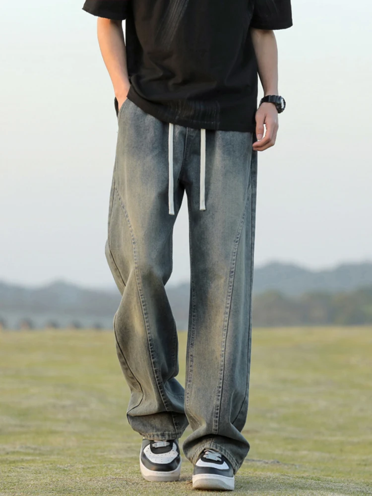 

Мужские джинсы в американском стиле ретро синего цвета в стиле пэчворк, летние трендовые прямые свободные повседневные брюки для подростков, длинные брюки со средней талией