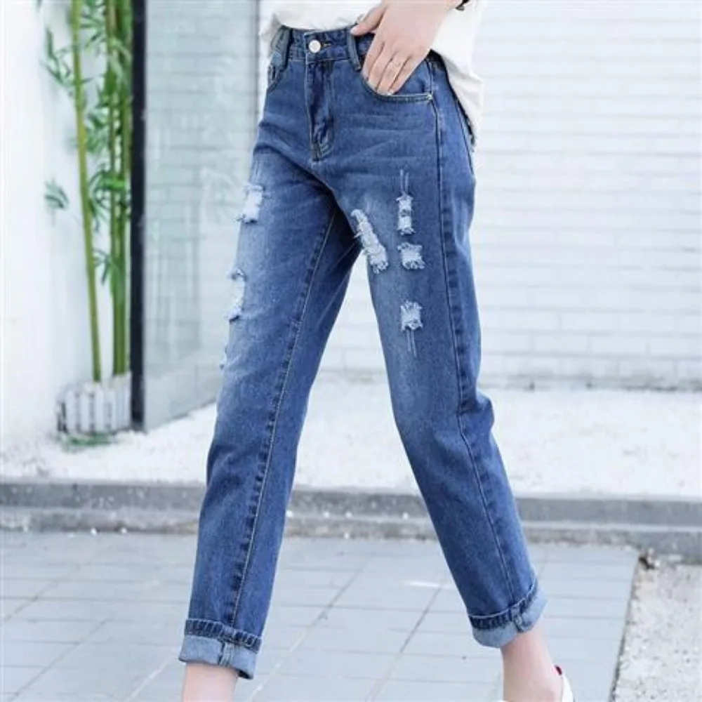 

Весна и осень, новый стиль, рваные джинсы, женские укороченные брюки, новый светлый цвет, свободные тонкие повседневные шаровары, женские джинсы, тонкие