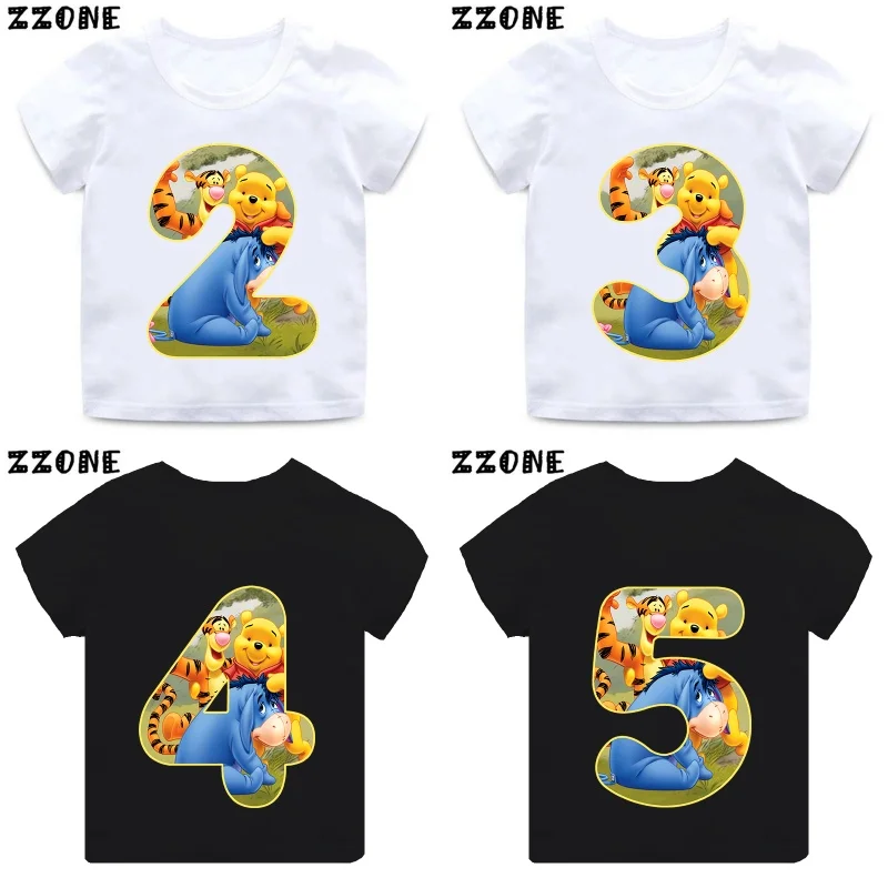 Winnie the Pooh Cute Bear Number Print Girls Clothes 1 2 3 4 5 6 7 8 9 Years Birthday Kids T shirt Baby Boys Children T-Shirt