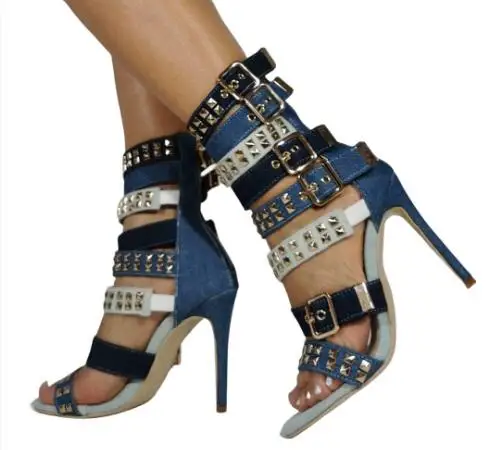 Summer Fashion Golden Rivet Leather Straps Women Open Toe Sandals 120 mm Ladies High Heel Zipper Back Roma Style Sandals Size 47