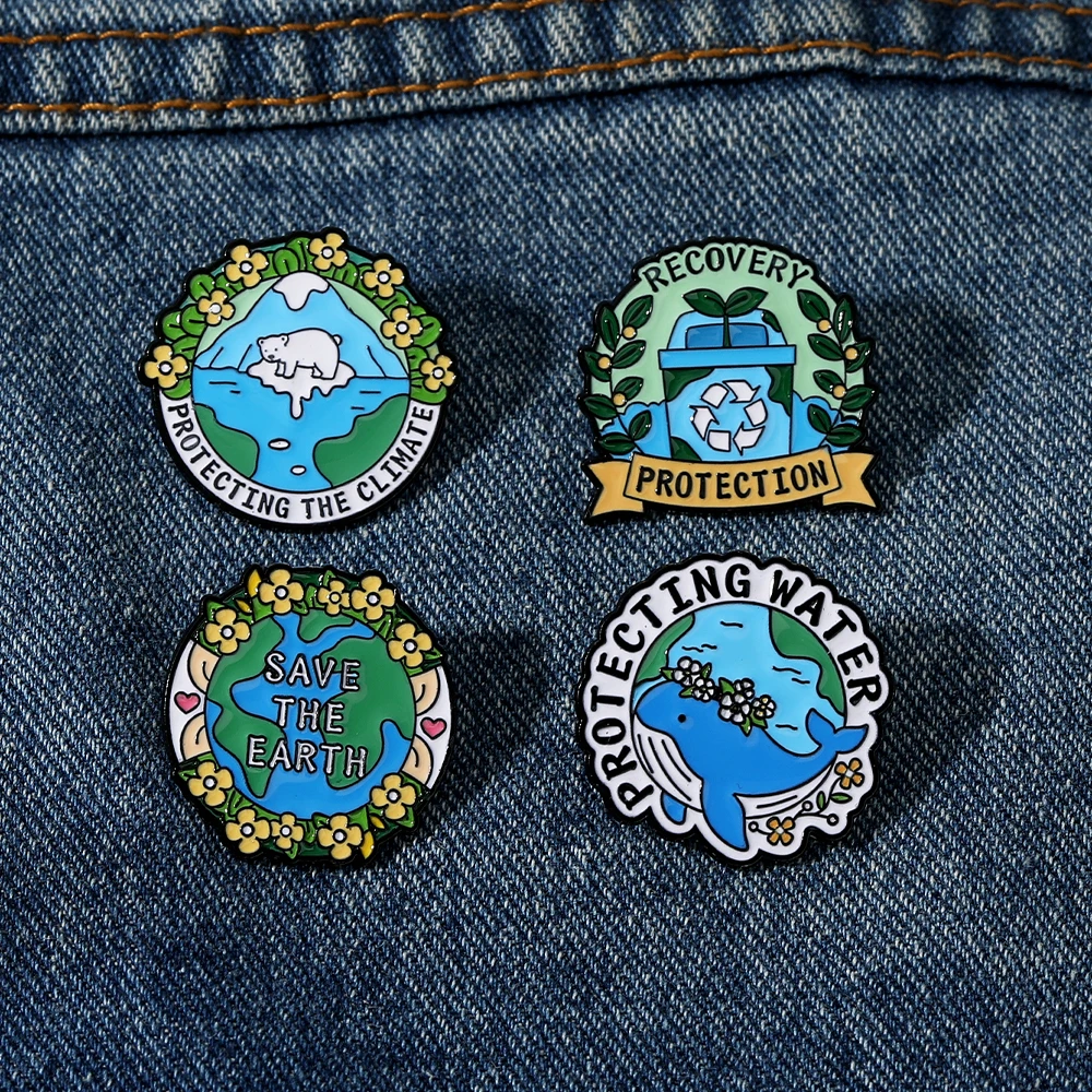 4 Styles Funny Protecting Water And Climate Enamel Brooches Save The Earth Recovery Protection Pins Happy Earth Day Badge