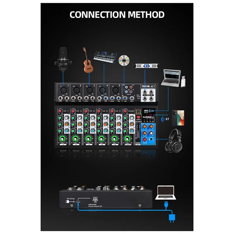 

Микшер TEYUN AF7, аналоговый микшер, цифровая звуковая карта, 7 каналов, персонализированные функции, аналоговый микшерный пульт