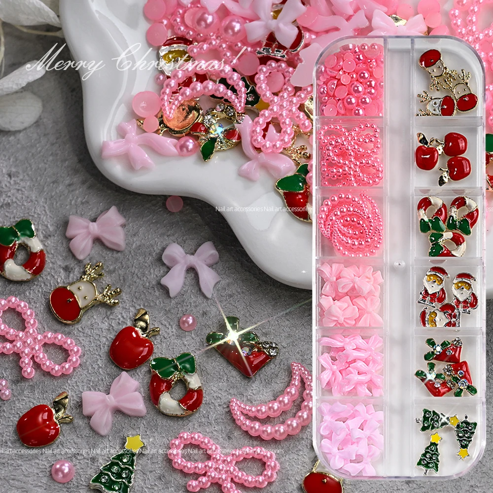 12 グリッドかわいいクリスマスネイルチャーム愛らしいメタルサンタクロースエルククリスマスツリーデザイン樹脂弓パールマニキュアアクセサリージュエラー