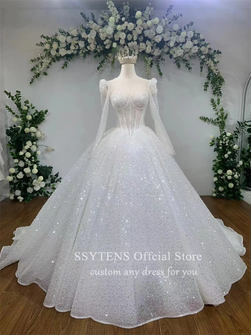 Abito da ballo di lusso con scollo a v abiti da sposa 2025 arabo Dubai perle perline Illusion maniche lunghe abiti da sposa BridalVestido De Noiva