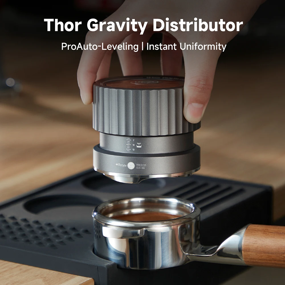 zeroHero Gravity Coffee Distributor 58.5mm Auto-Descend Walnut VortexBase Leveler AntiClog for Espresso Portafilter Home Barista