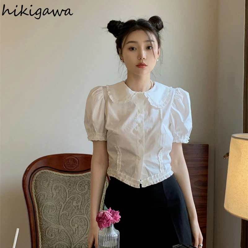 Sweet White Women Shirts Peter Pan Collar Puff Sleeve Tunic Blouses Crop Tops Ruffles Summer Blouse 2024 Blusas Mujer De Moda